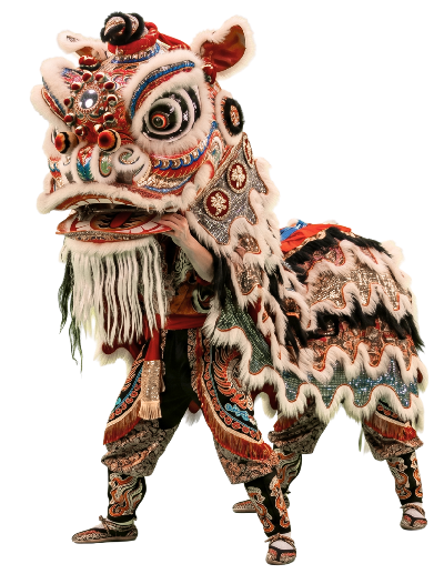 Disfraz de león utilizado en la danza del león chino, una actuación tradicional con colores vibrantes y detalles artesanales.