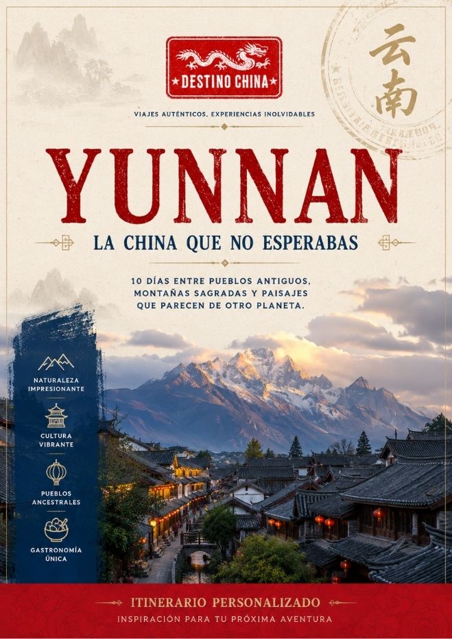Cartel informativo de itinerario de viaje a Yunnan, China, con el lema "La China que no esperabas", mostrando un pueblo antiguo y montañas nevadas.