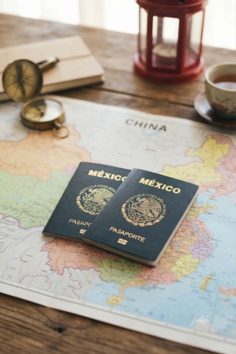 Preparativos de viaje: dos pasaportes mexicanos sobre un mapa de China, listos para una próxima aventura asiática.